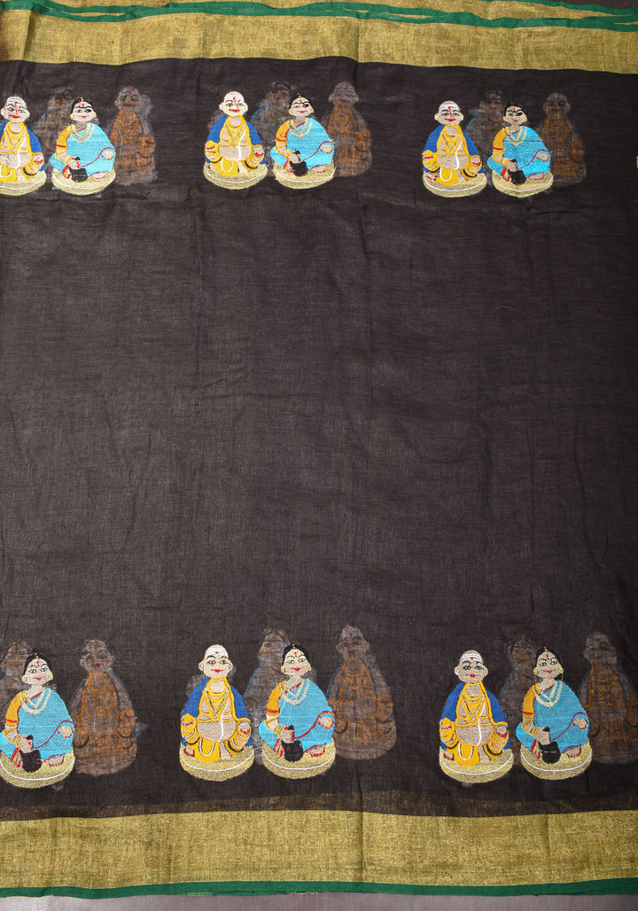 Golu Dolls Embroidery Saree in Black on Pure Linen by Linen | Shobitam saree