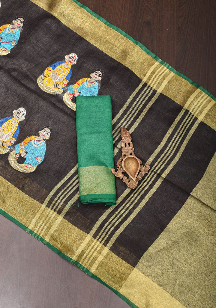Golu Dolls Embroidery Saree in Black on Pure Linen by Linen | Shobitam saree