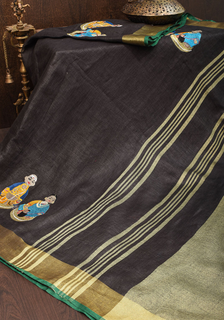 Golu Dolls Embroidery Saree in Black on Pure Linen by Linen | Shobitam saree