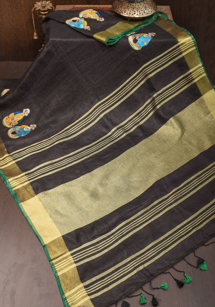 Golu Dolls Embroidery Saree in Black on Pure Linen by Linen | Shobitam saree