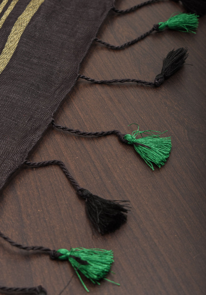 Golu Dolls Embroidery Saree in Black on Pure Linen by Linen | Shobitam saree