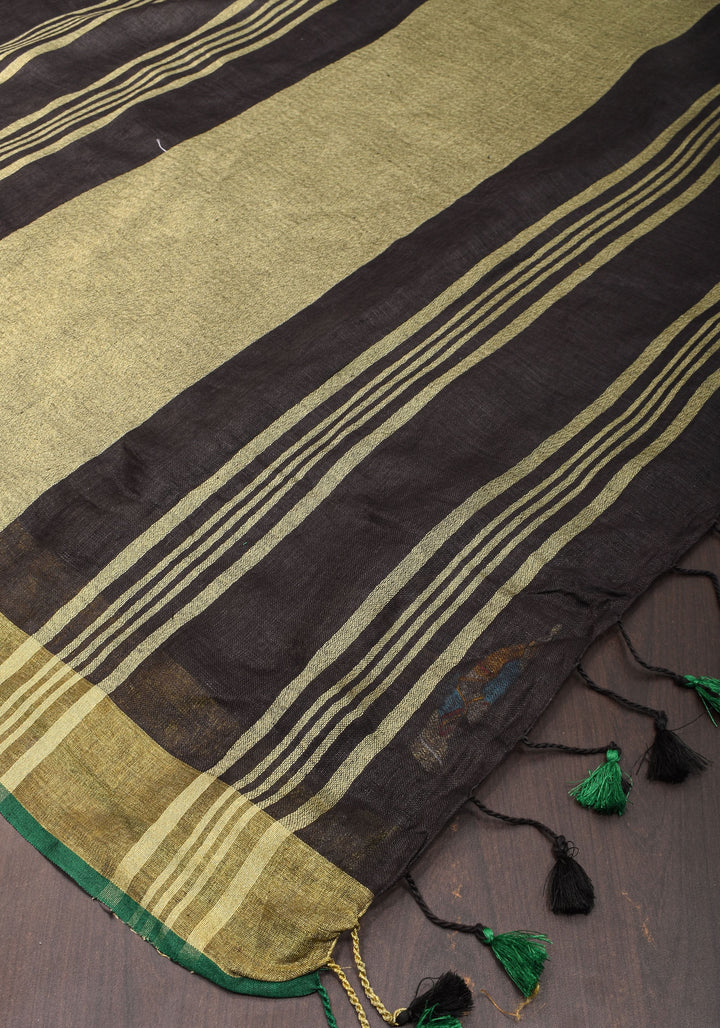 Golu Dolls Embroidery Saree in Black on Pure Linen by Linen | Shobitam saree