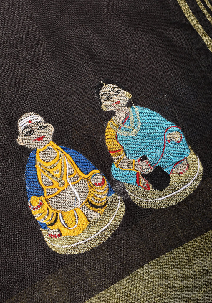 Golu Dolls Embroidery Saree in Black on Pure Linen by Linen | Shobitam saree