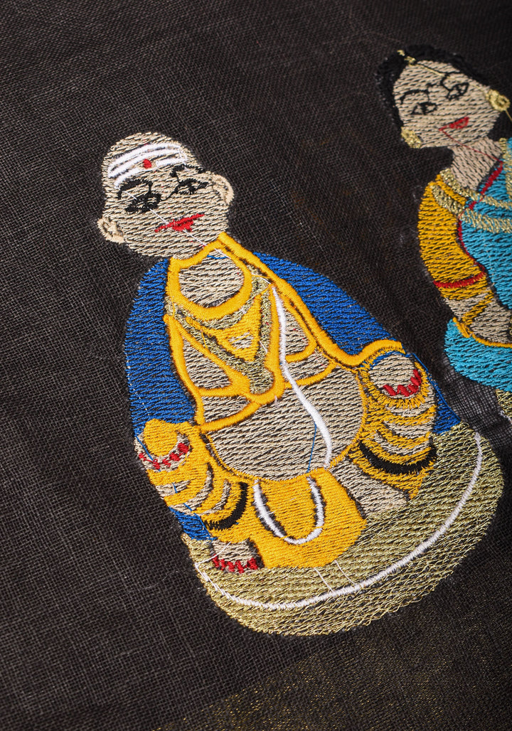 Golu Dolls Embroidery Saree in Black on Pure Linen by Linen | Shobitam saree