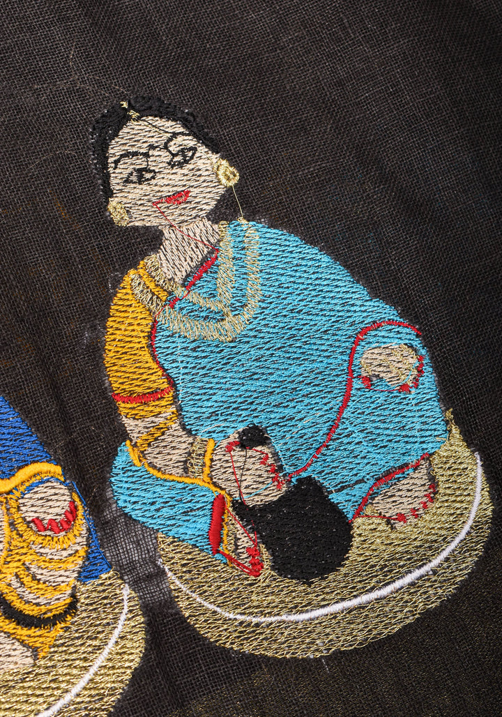Golu Dolls Embroidery Saree in Black on Pure Linen by Linen | Shobitam saree