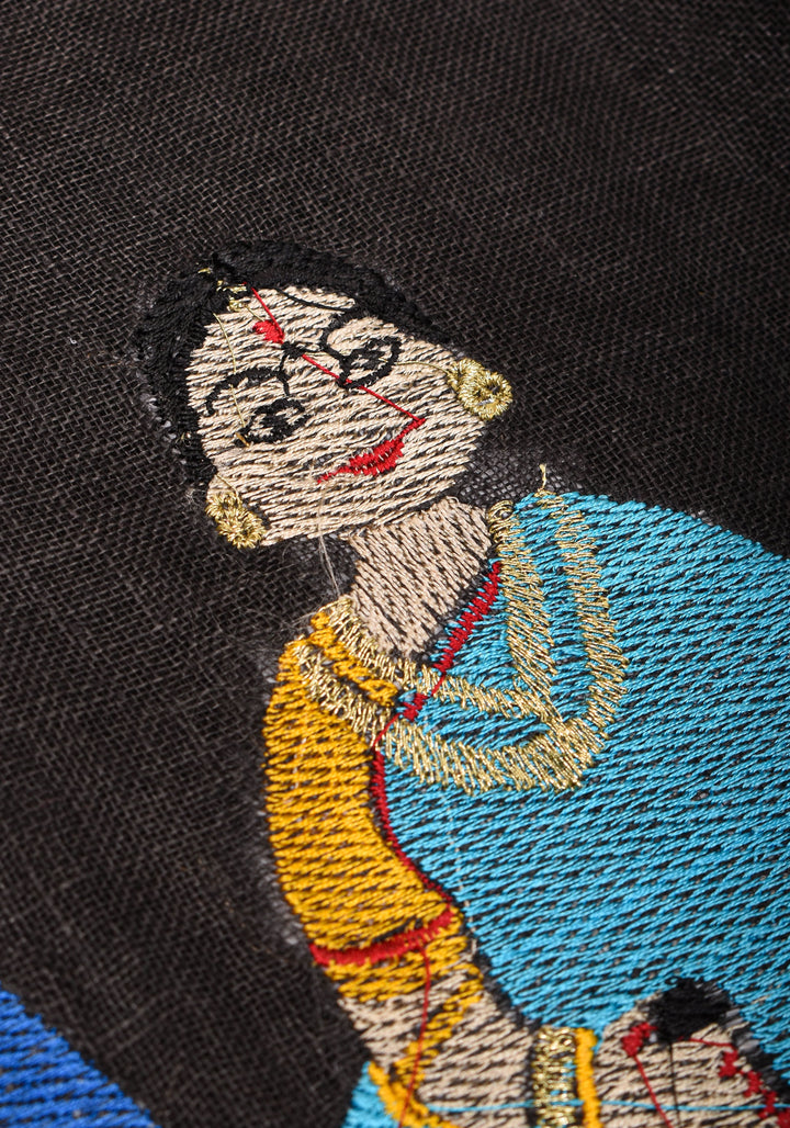 Golu Dolls Embroidery Saree in Black on Pure Linen by Linen | Shobitam saree