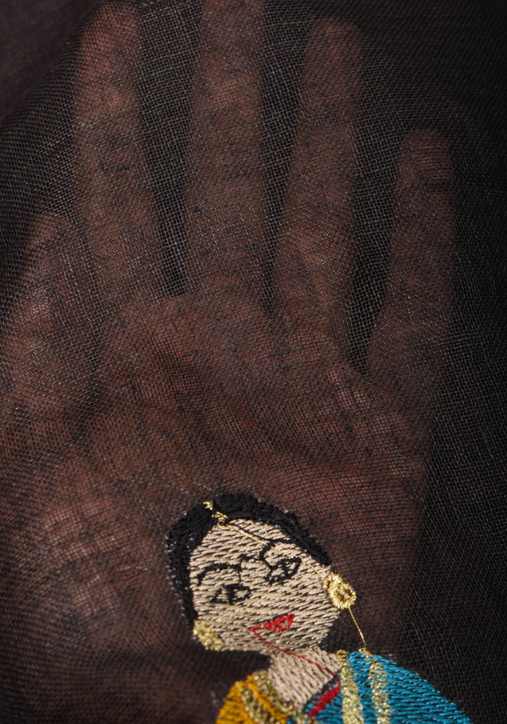 Golu Dolls Embroidery Saree in Black on Pure Linen by Linen | Shobitam saree