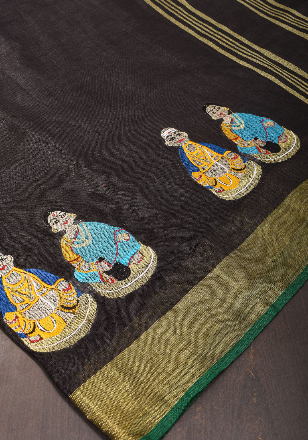 Golu Dolls Embroidery Saree in Black on Pure Linen by Linen | Shobitam saree
