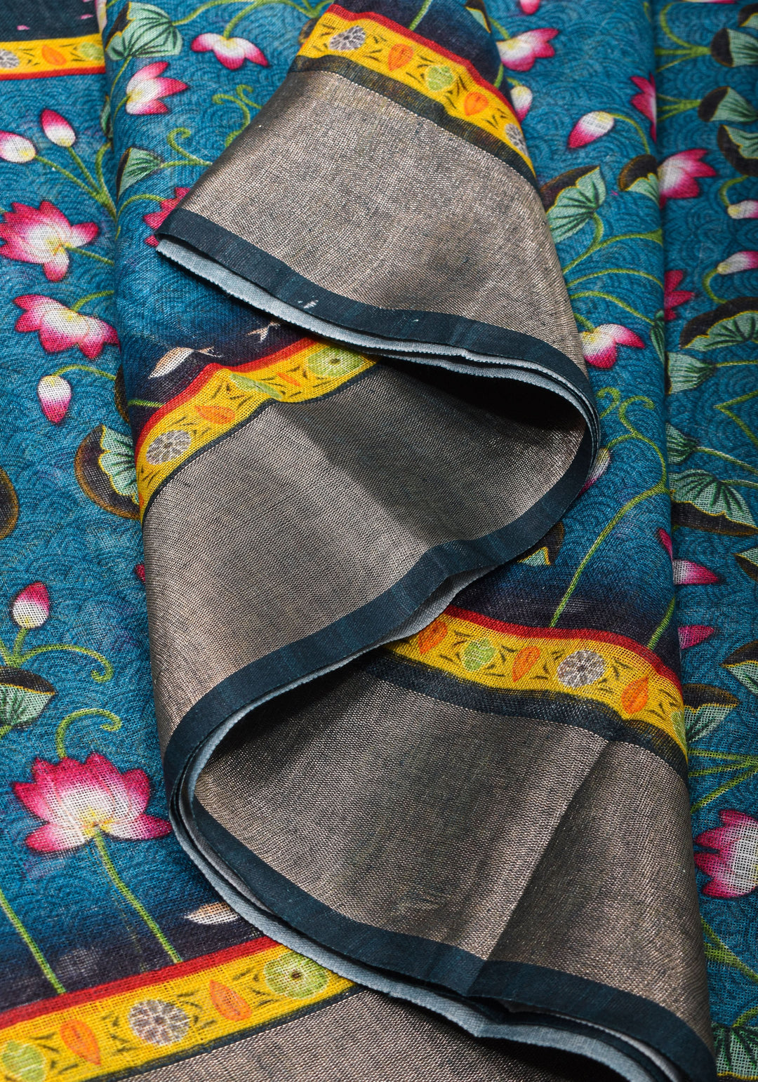 Pichwai Digital Print on Linen by Linen Saree in Blue