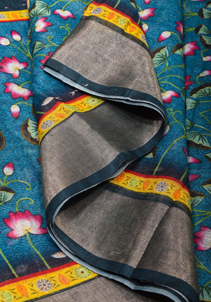 Pichwai Digital Print on Linen by Linen Saree in Blue