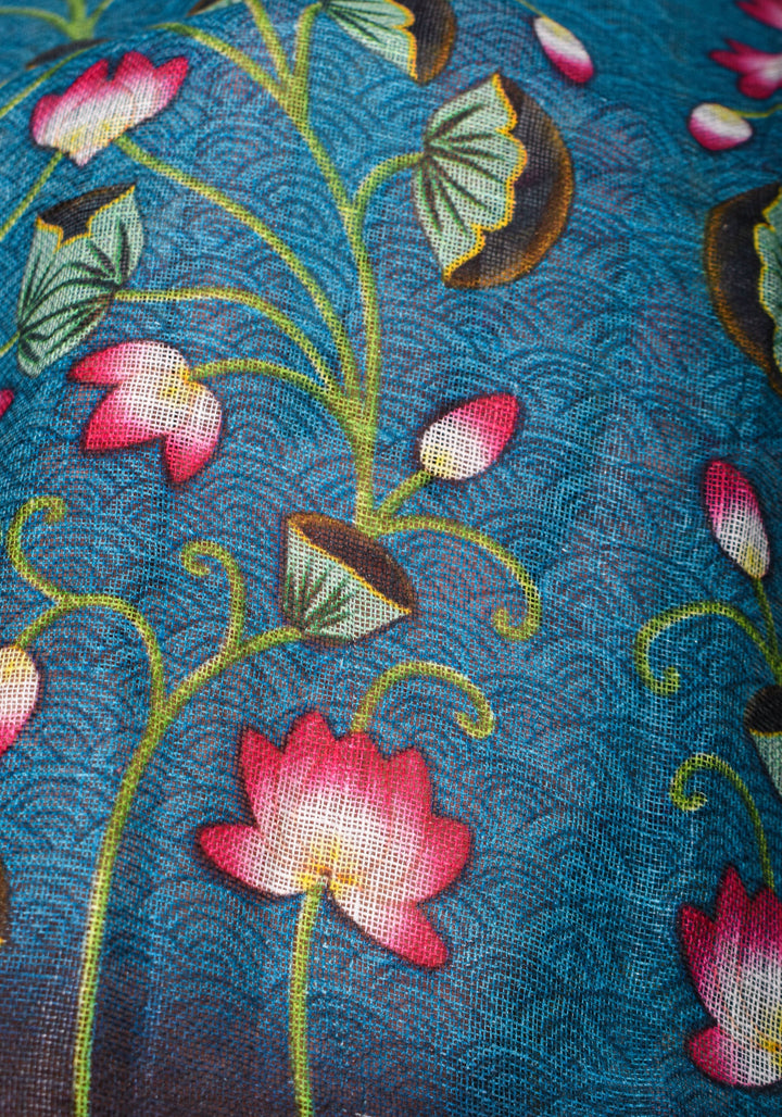 Pichwai Digital Print on Linen by Linen Saree in Blue