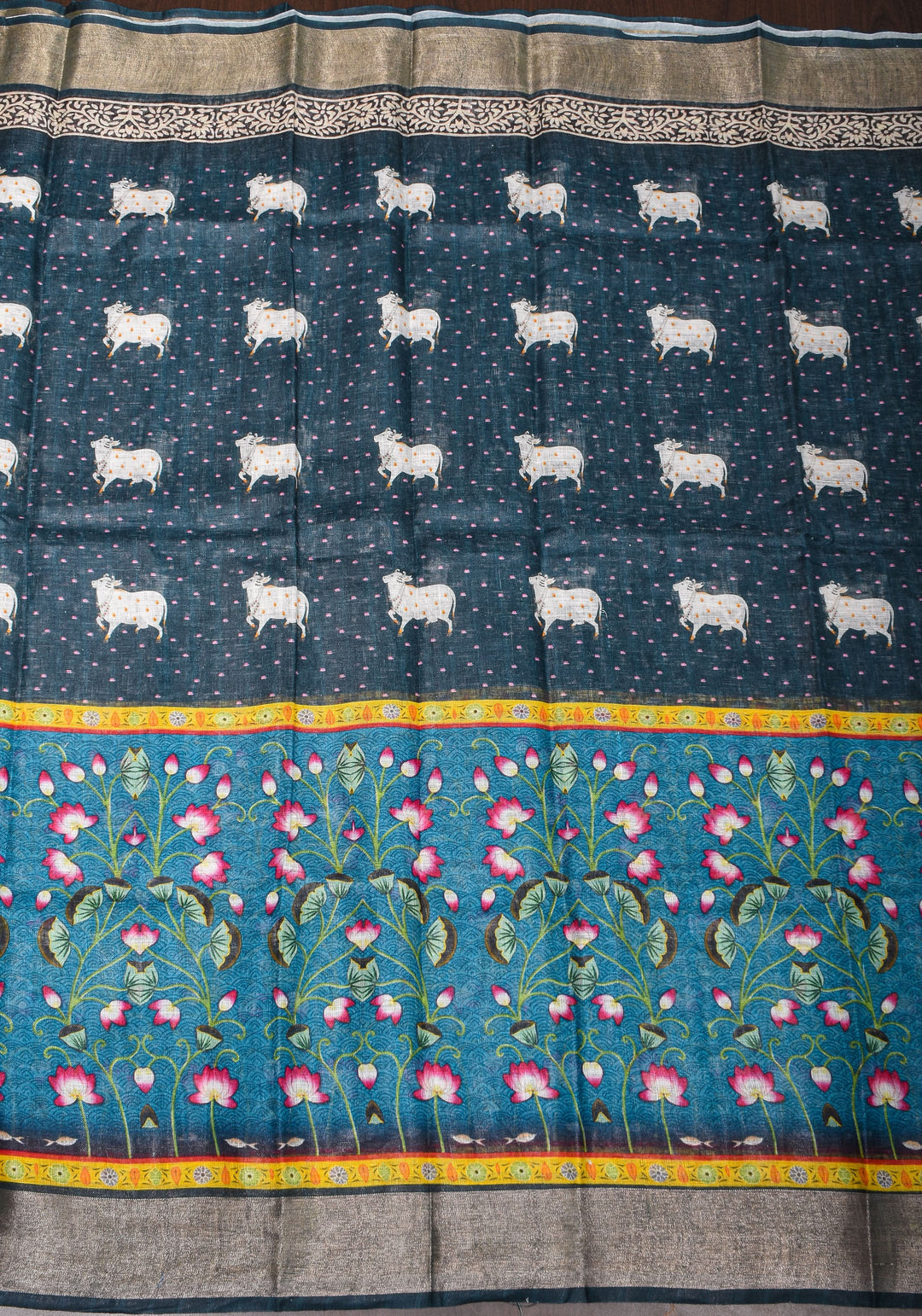 Pichwai Digital Print on Linen by Linen Saree in Blue