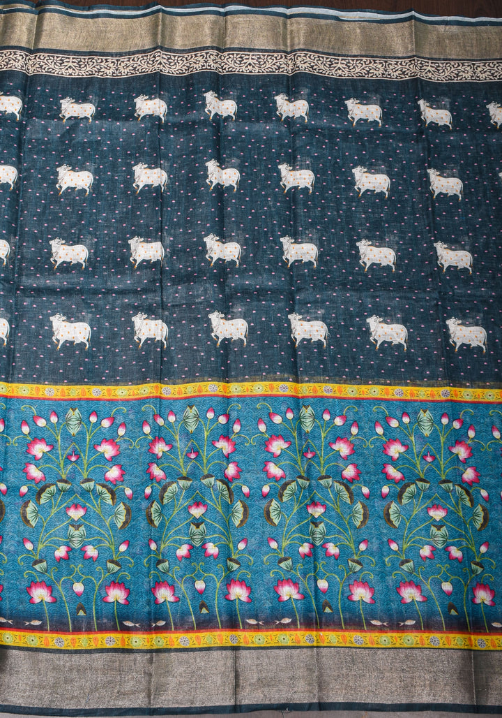 Pichwai Digital Print on Linen by Linen Saree in Blue
