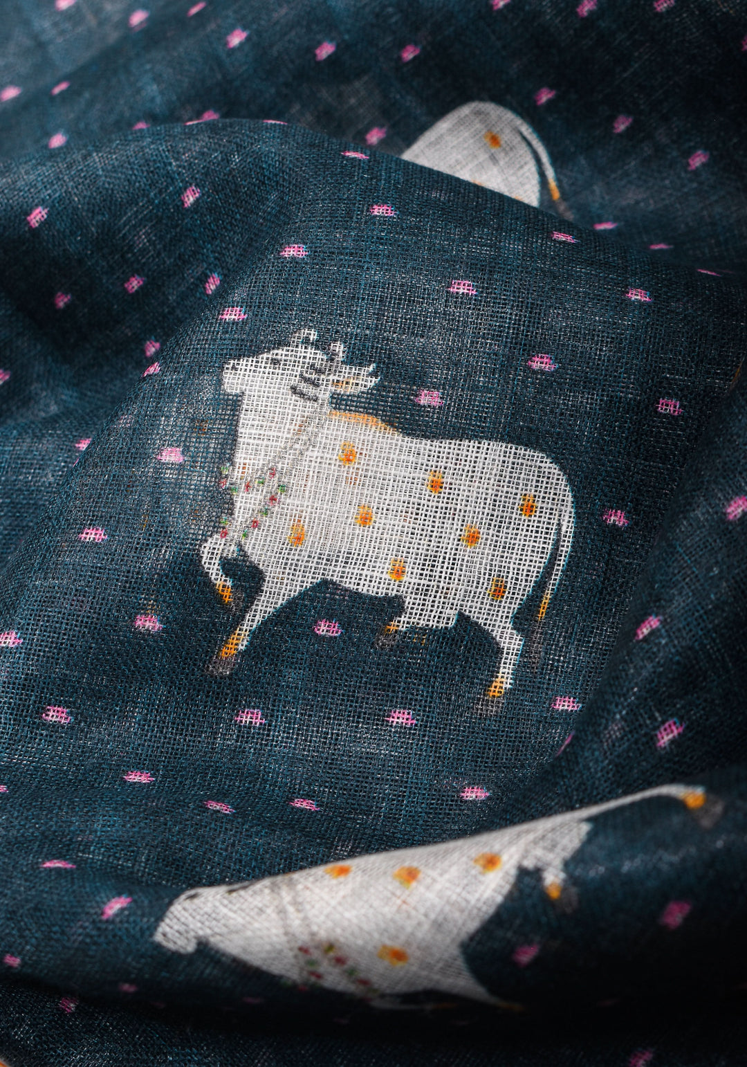 Pichwai Digital Print on Linen by Linen Saree in Blue