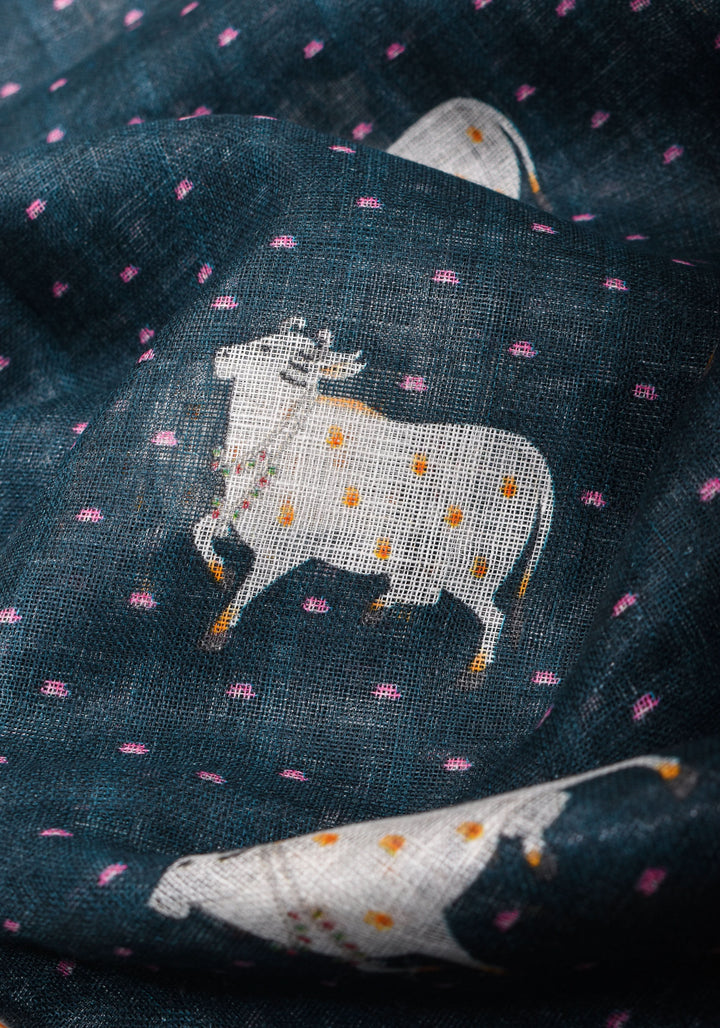 Pichwai Digital Print on Linen by Linen Saree in Blue