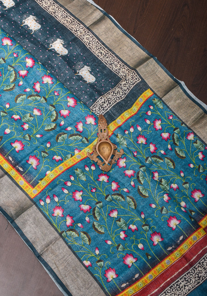 Pichwai Digital Print on Linen by Linen Saree in Blue
