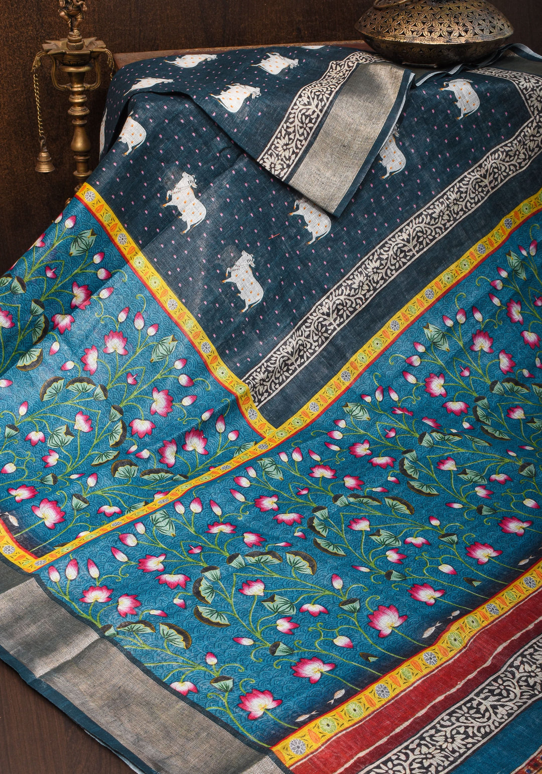 Pichwai Digital Print on Linen by Linen Saree in Blue