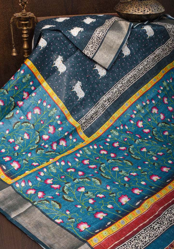 Pichwai Digital Print on Linen by Linen Saree in Blue