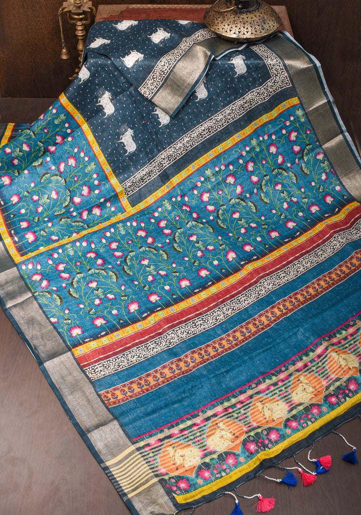 Pichwai Digital Print on Linen by Linen Saree in Blue