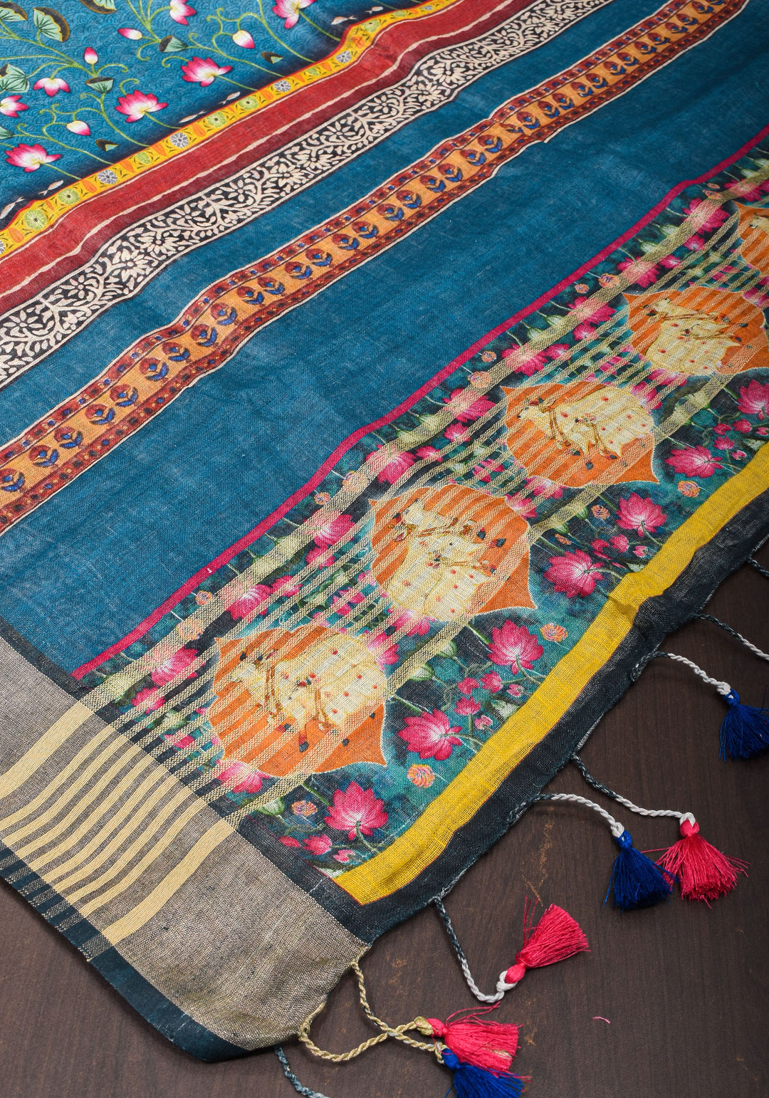 Pichwai Digital Print on Linen by Linen Saree in Blue