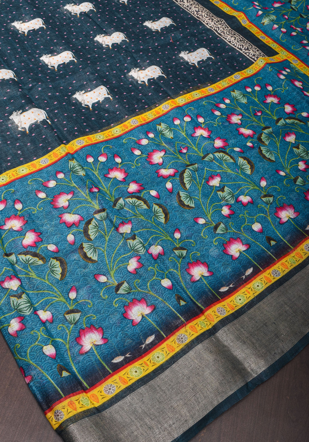 Pichwai Digital Print on Linen by Linen Saree in Blue
