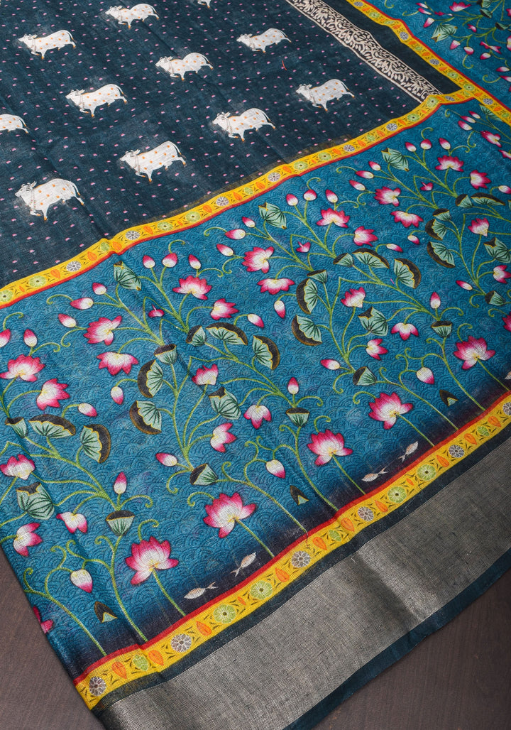Pichwai Digital Print on Linen by Linen Saree in Blue