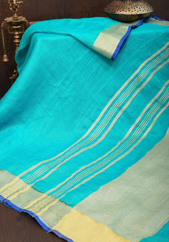Turquoise and Blue Linen By Linen Saree