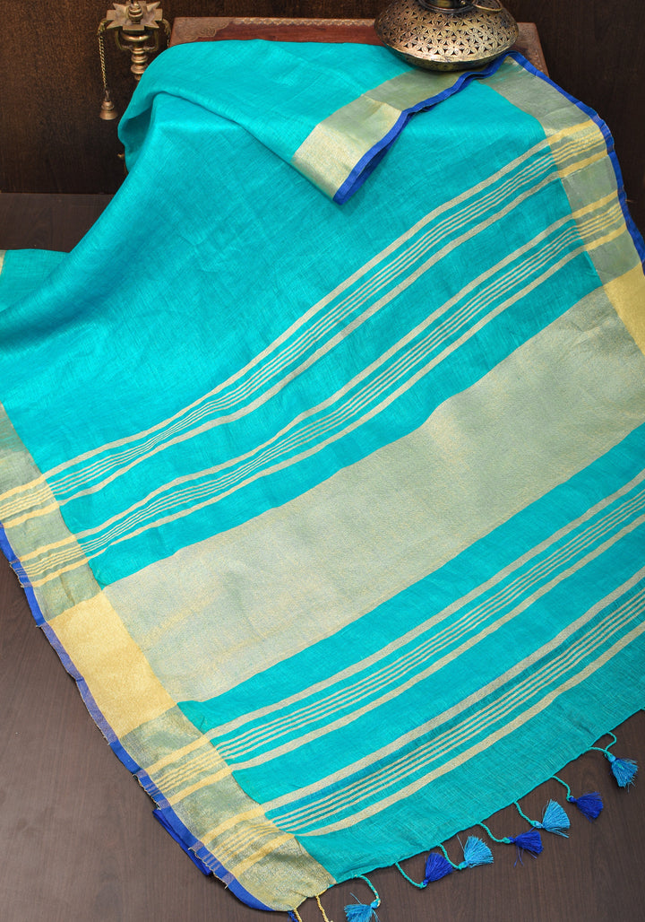 Turquoise and Blue Linen By Linen Saree