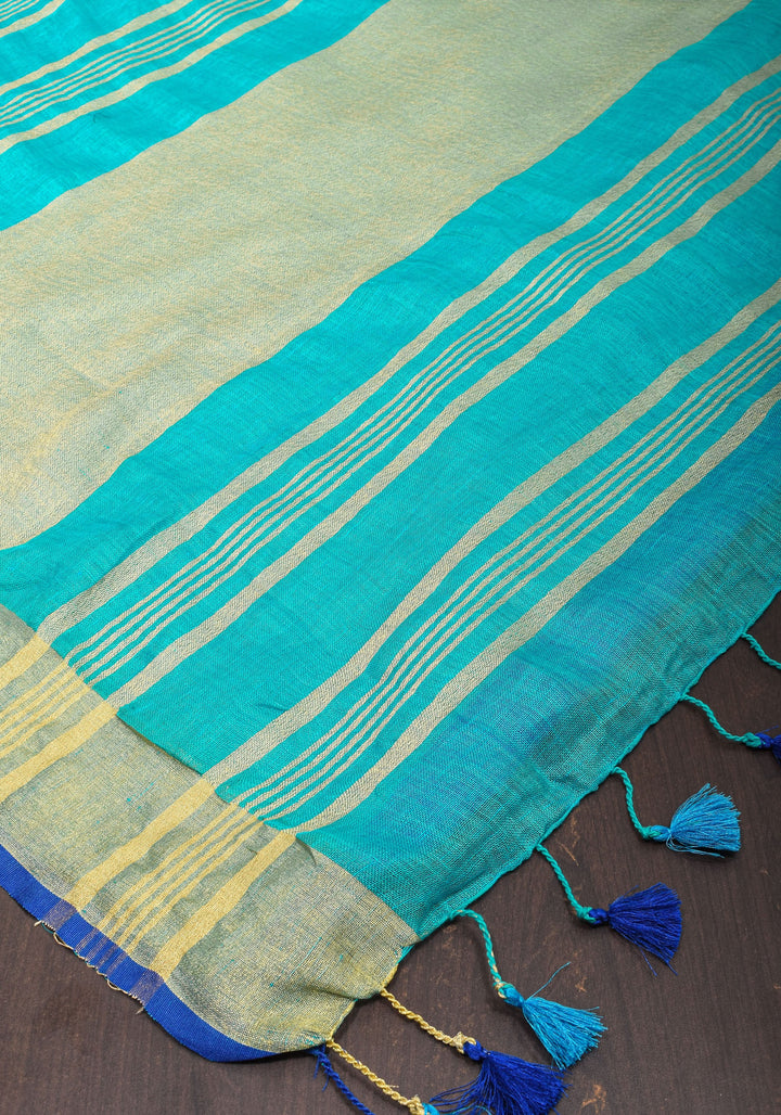 Turquoise and Blue Linen By Linen Saree