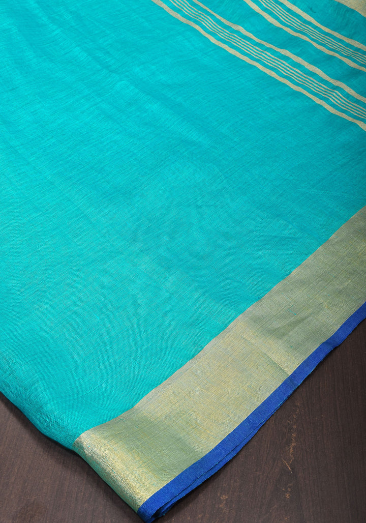 Turquoise and Blue Linen By Linen Saree