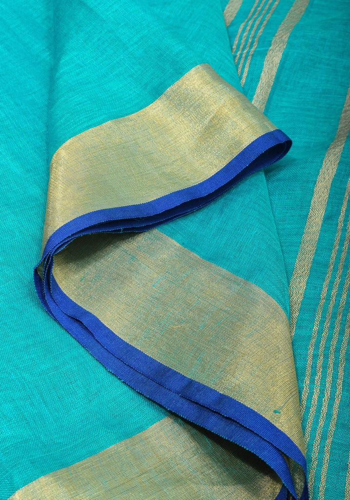Turquoise and Blue Linen By Linen Saree