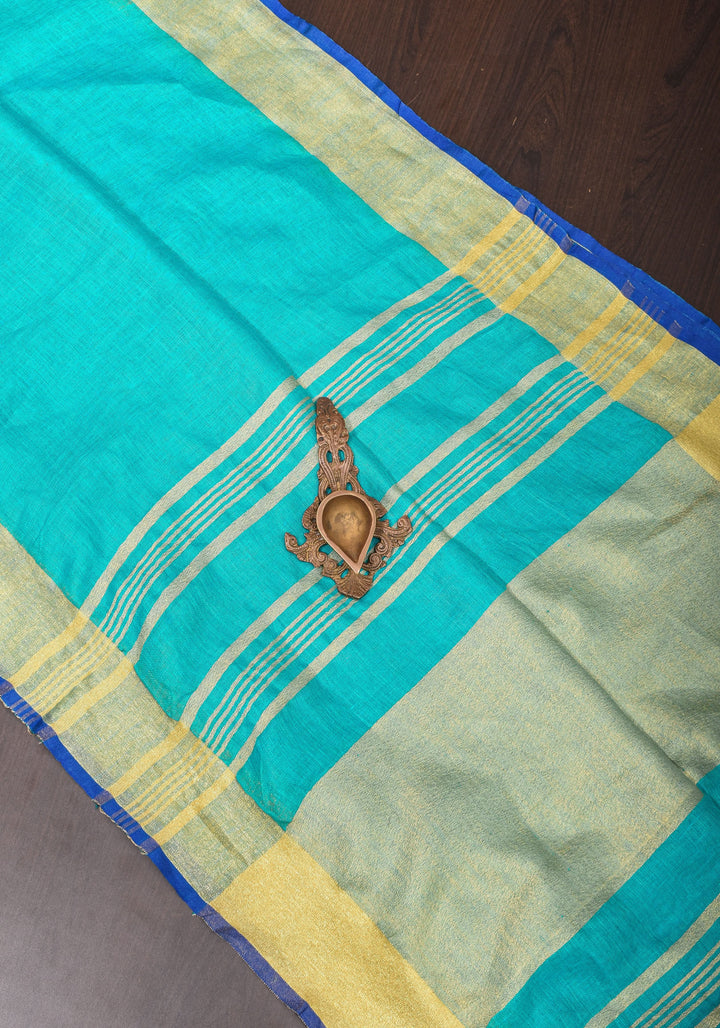 Turquoise and Blue Linen By Linen Saree