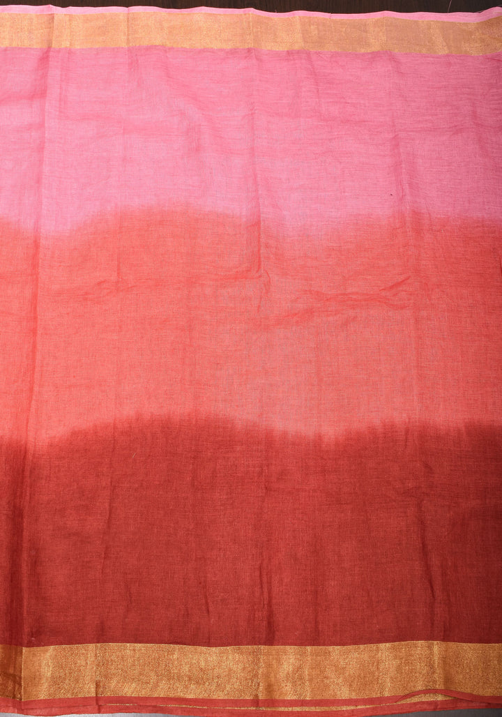 Pink and Shades of Red  Ombre Linen Saree  with Mirror work
