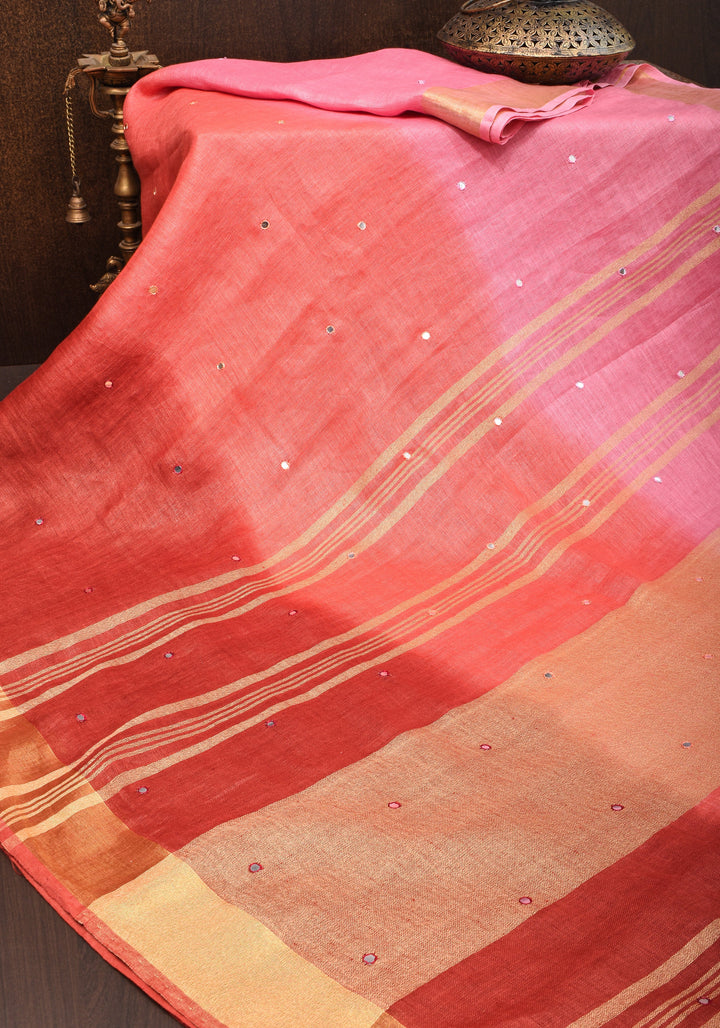 Pink and Shades of Red  Ombre Linen Saree  with Mirror work