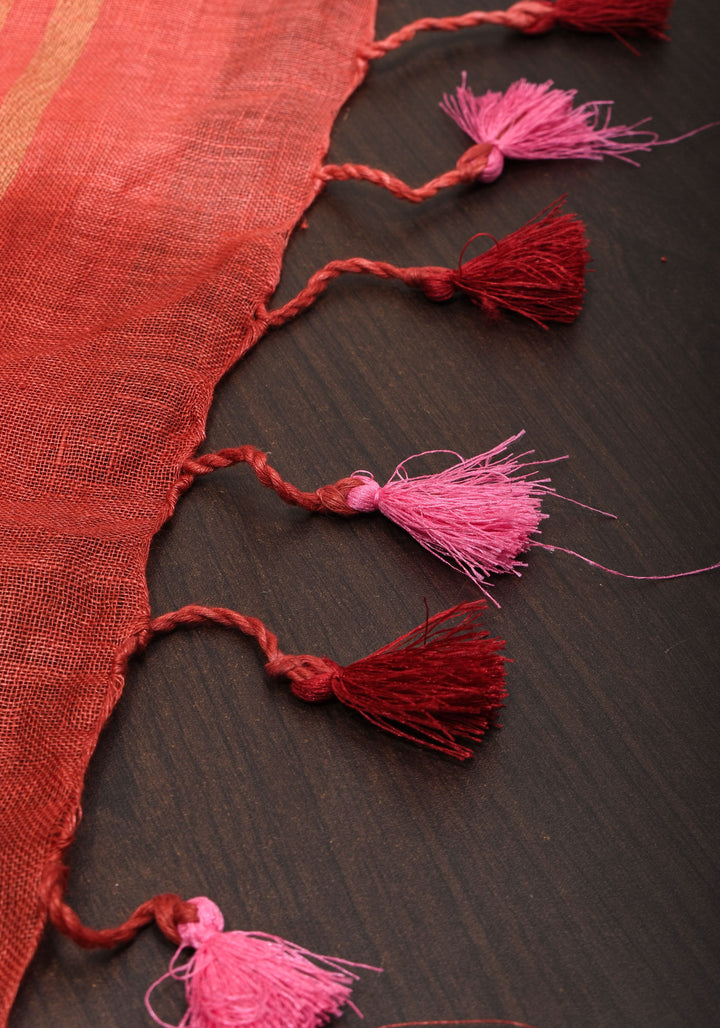 Pink and Shades of Red  Ombre Linen Saree  with Mirror work