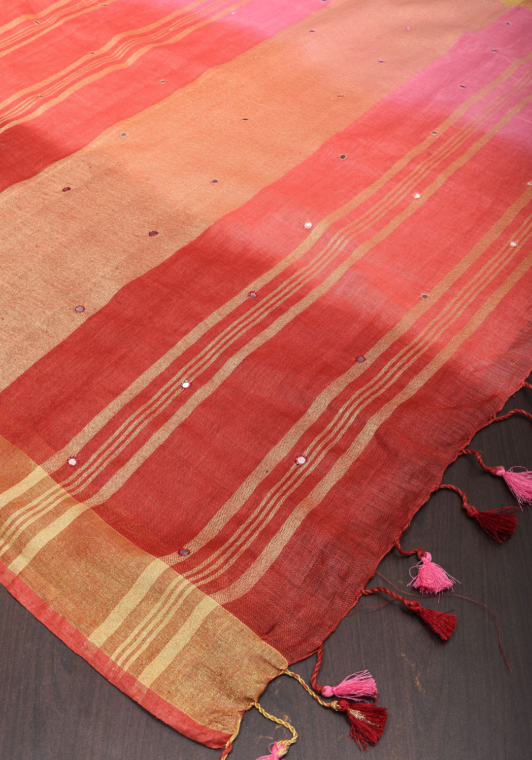 Pink and Shades of Red  Ombre Linen Saree  with Mirror work