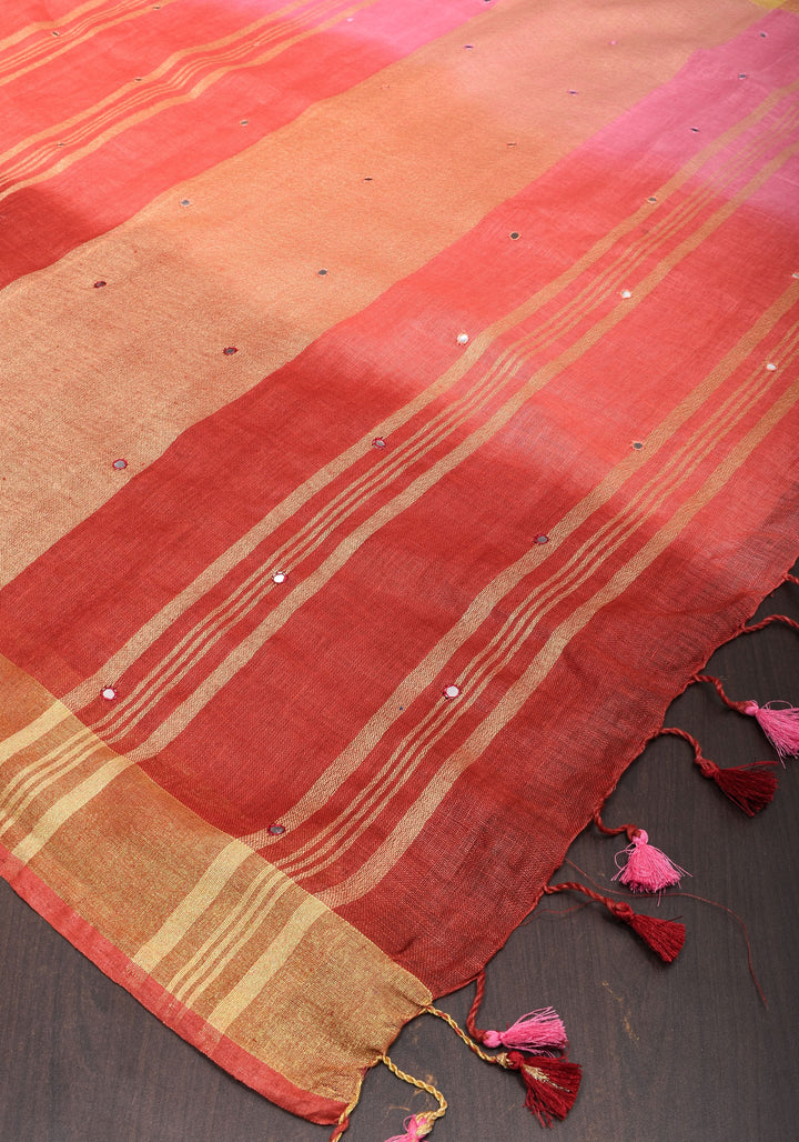 Pink and Shades of Red  Ombre Linen Saree  with Mirror work