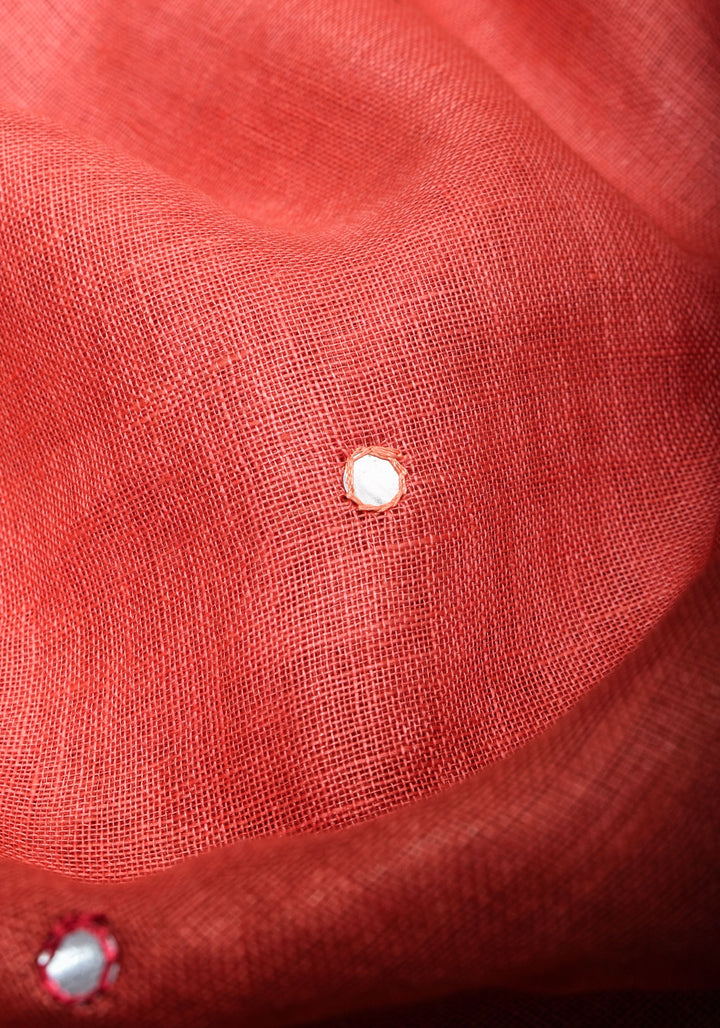 Pink and Shades of Red  Ombre Linen Saree  with Mirror work