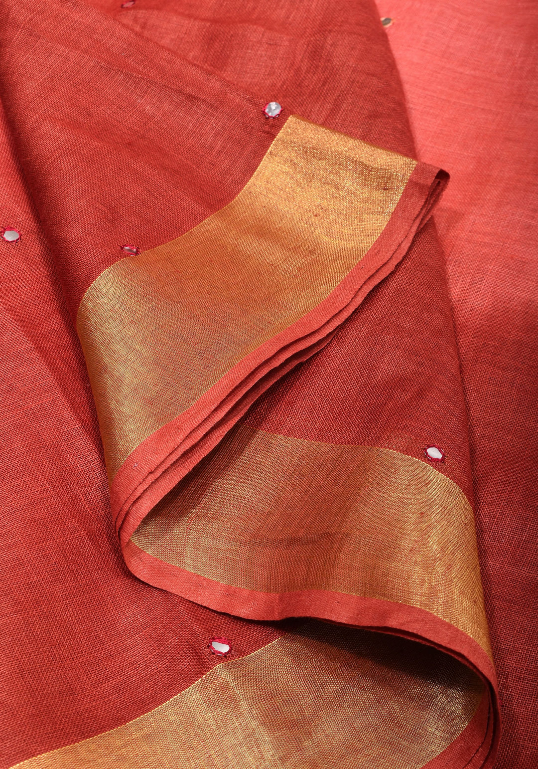 Pink and Shades of Red  Ombre Linen Saree  with Mirror work