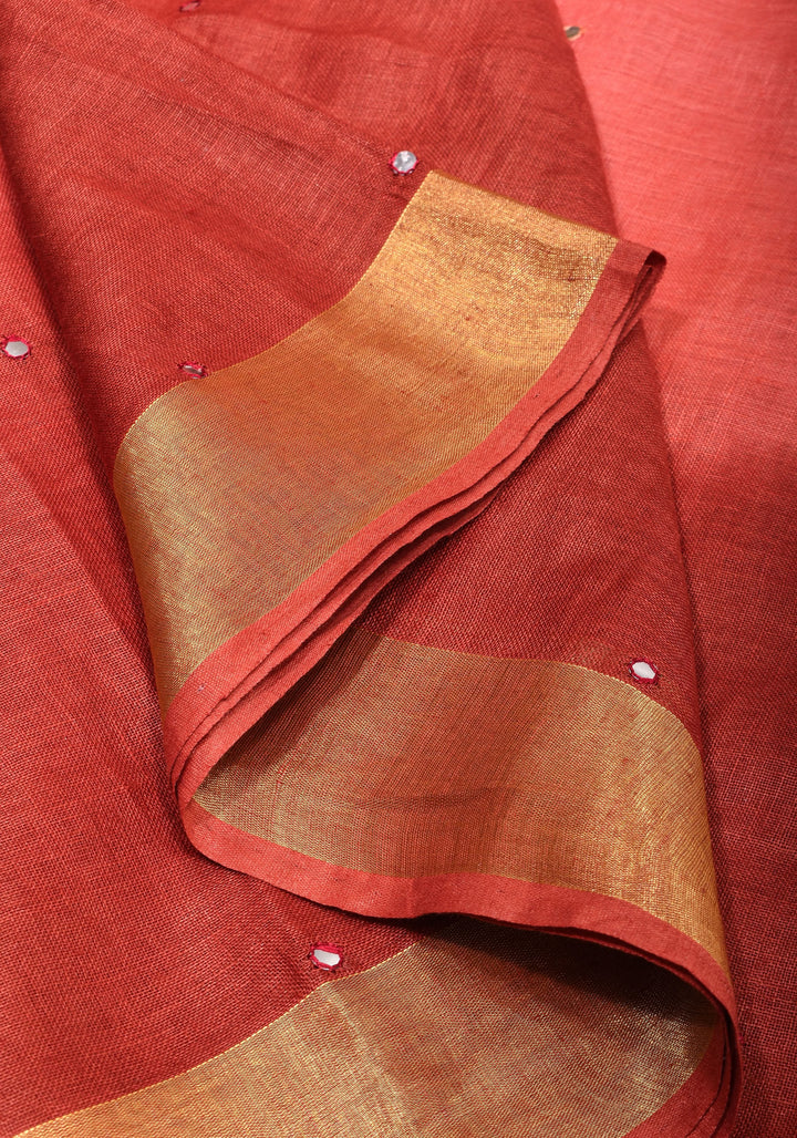 Pink and Shades of Red  Ombre Linen Saree  with Mirror work