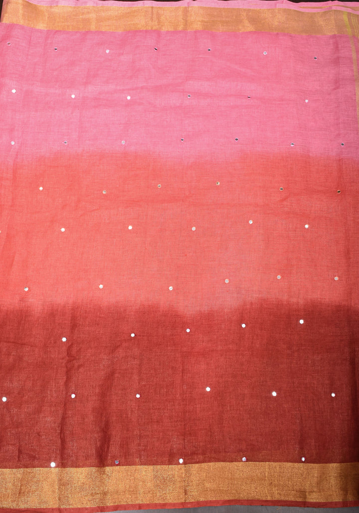 Pink and Shades of Red  Ombre Linen Saree  with Mirror work