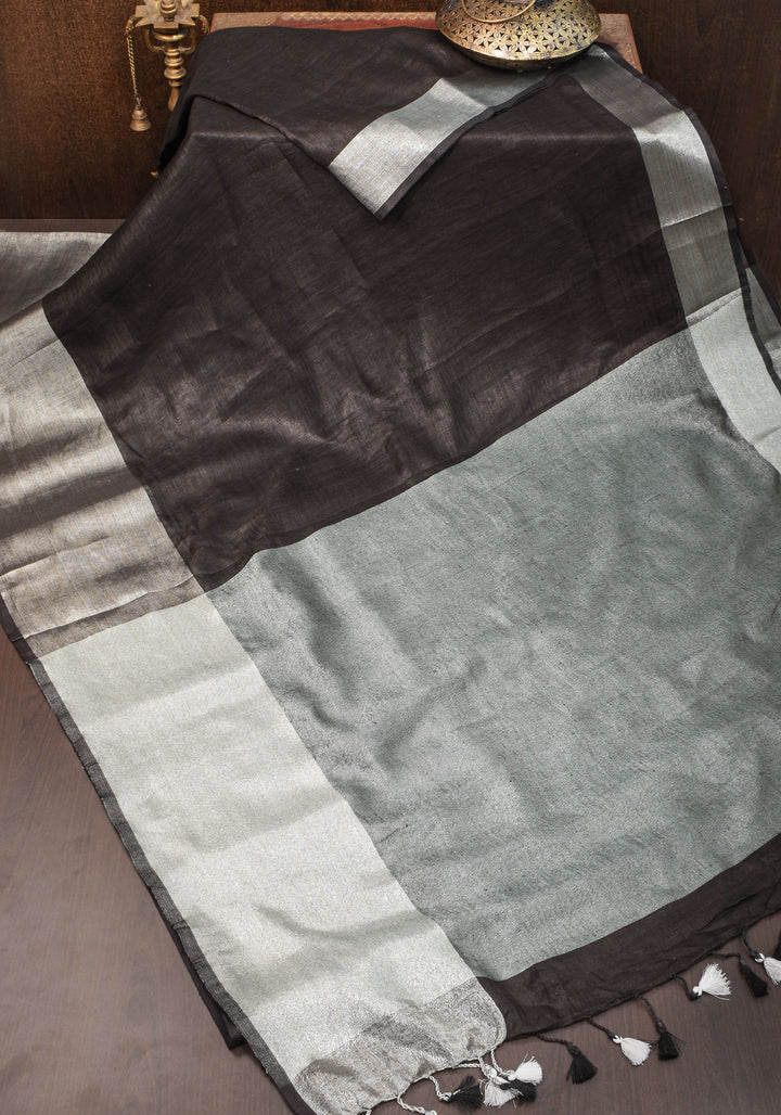Black Linen by Linen Saree with Wide Border | SHOBITAM