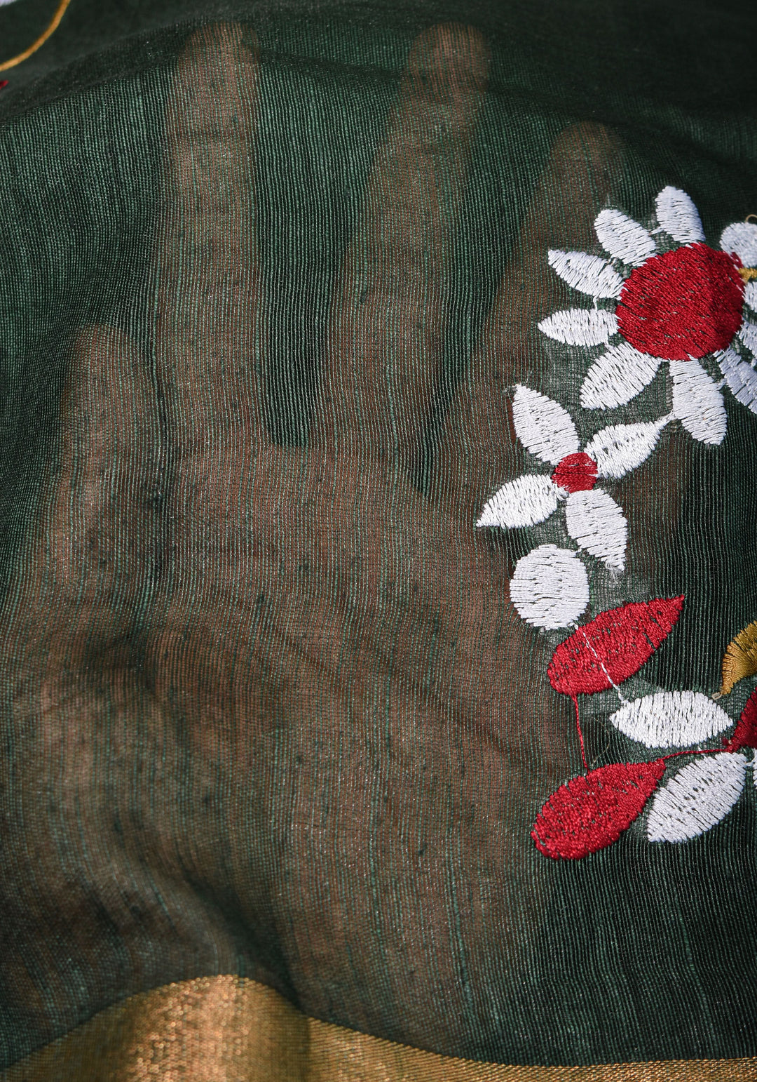 Pre order Hunter Green Silk Linen Saree with Moti Nath Embroidery,Woven zari Borders and Long Tassels