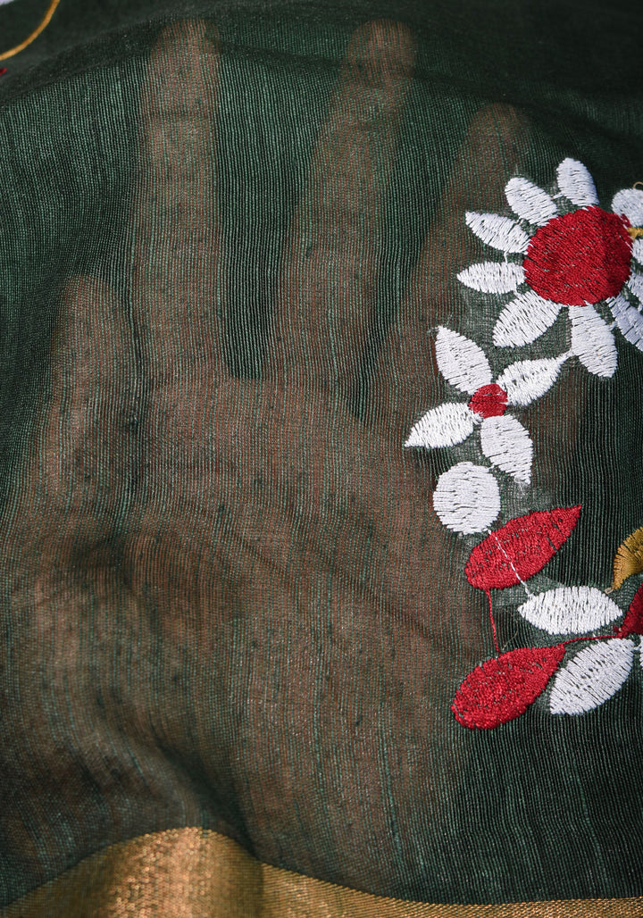 Pre order Hunter Green Silk Linen Saree with Moti Nath Embroidery,Woven zari Borders and Long Tassels