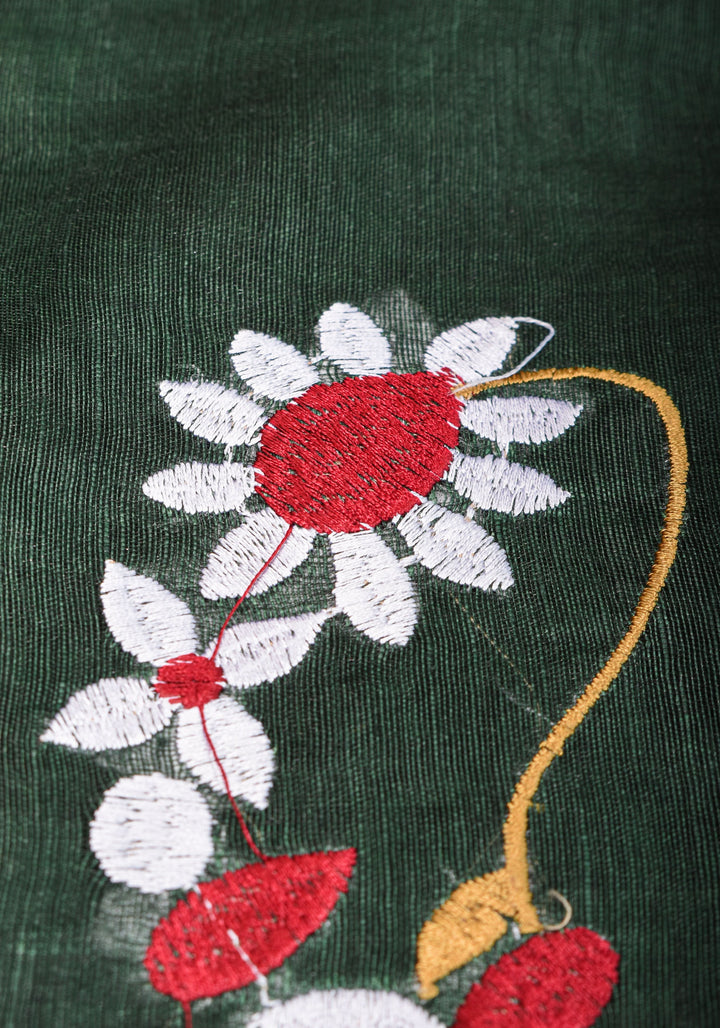 Pre order Hunter Green Silk Linen Saree with Moti Nath Embroidery,Woven zari Borders and Long Tassels