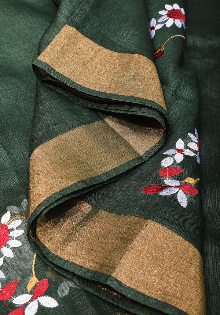 Pre order Hunter Green Silk Linen Saree with Moti Nath Embroidery,Woven zari Borders and Long Tassels