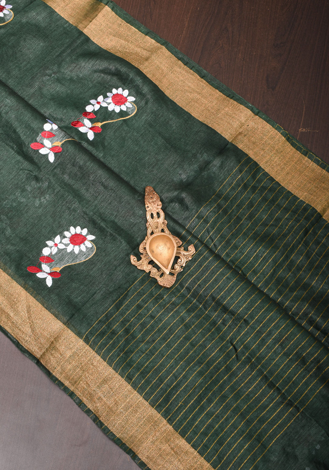 Pre order Hunter Green Silk Linen Saree with Moti Nath Embroidery,Woven zari Borders and Long Tassels