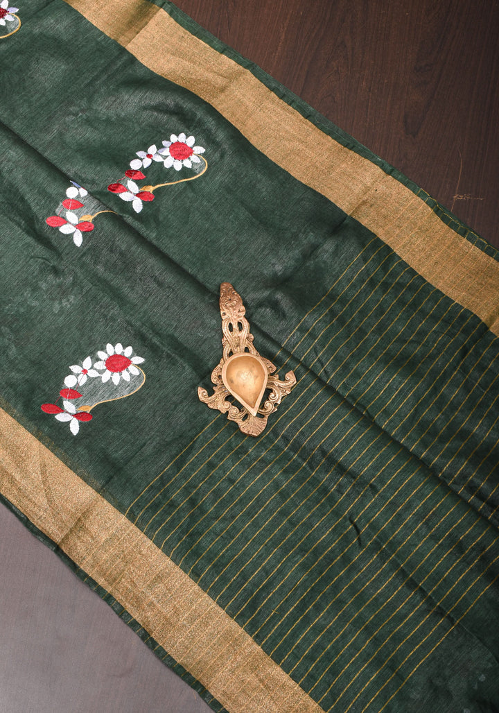 Pre order Hunter Green Silk Linen Saree with Moti Nath Embroidery,Woven zari Borders and Long Tassels