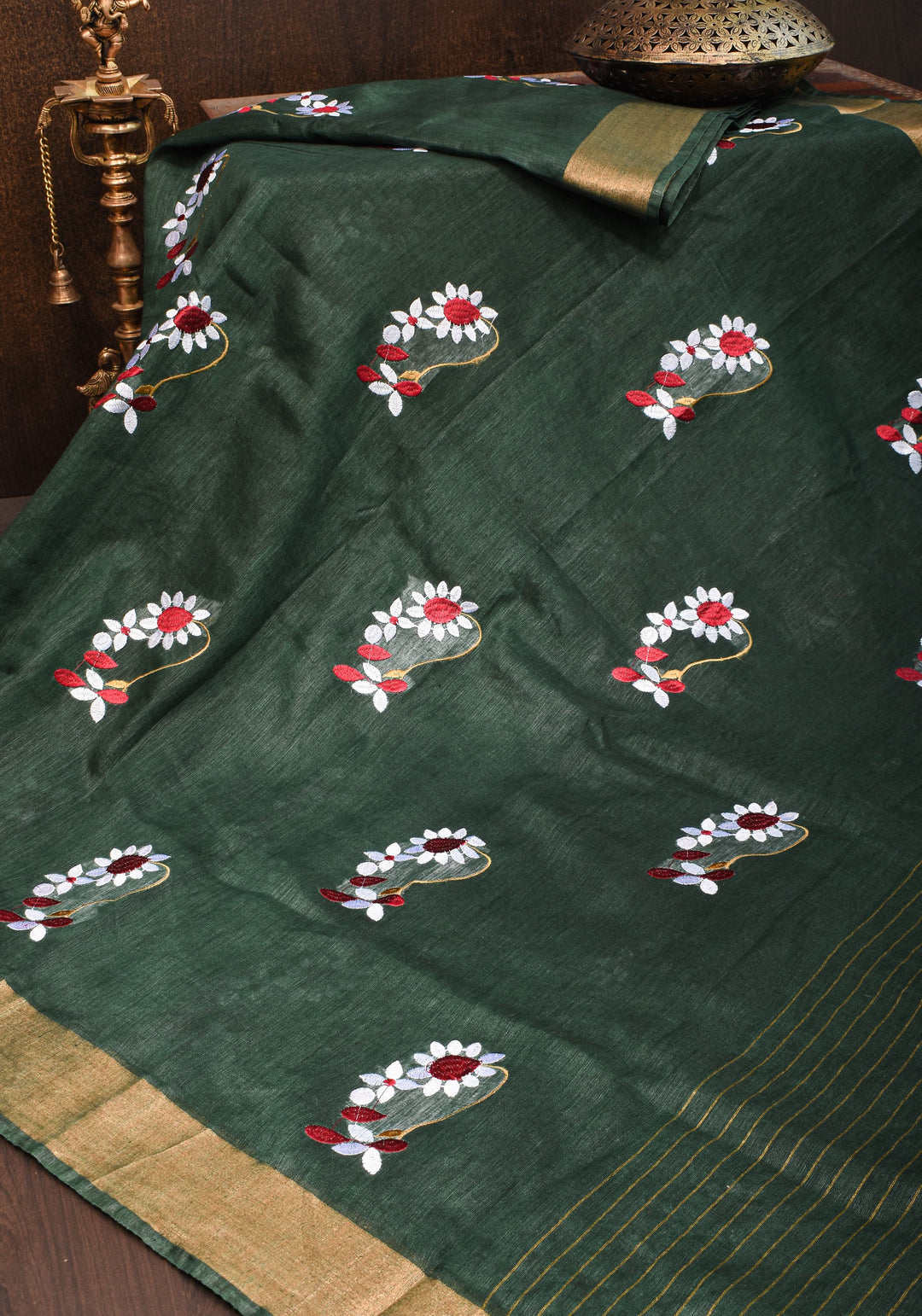 Pre order Hunter Green Silk Linen Saree with Moti Nath Embroidery,Woven zari Borders and Long Tassels