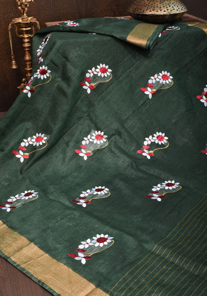 Pre order Hunter Green Silk Linen Saree with Moti Nath Embroidery,Woven zari Borders and Long Tassels